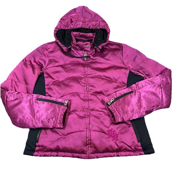 HARLEY DAVIDSON Down Winter Puffer Satin Logo Jacket Coat Women M Hot Pink READ - Picture 1 of 13